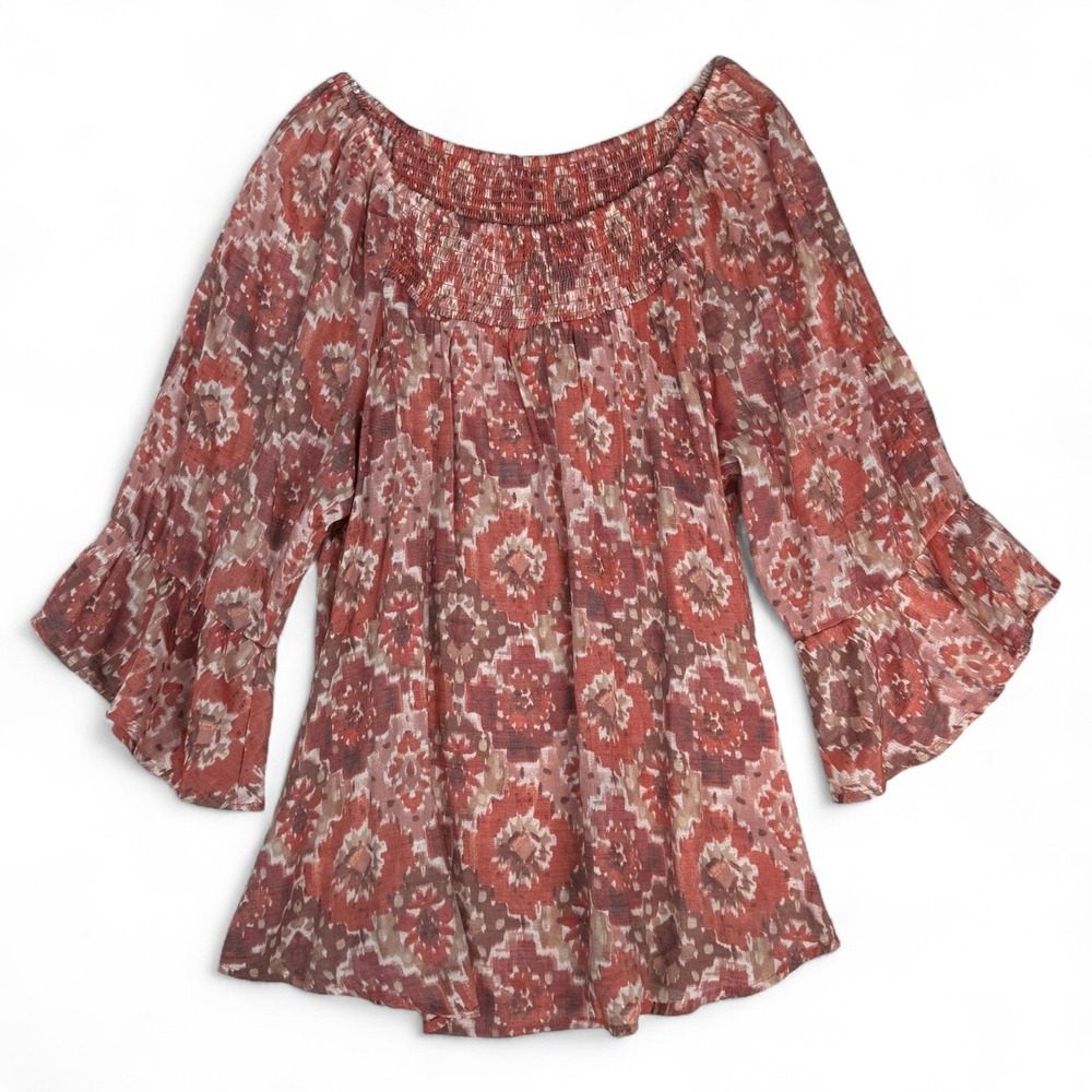 Cocomo Woman 1X Blouse Rust Ikat Floral Smocked Neck Ruffle Bell Sleeve Top